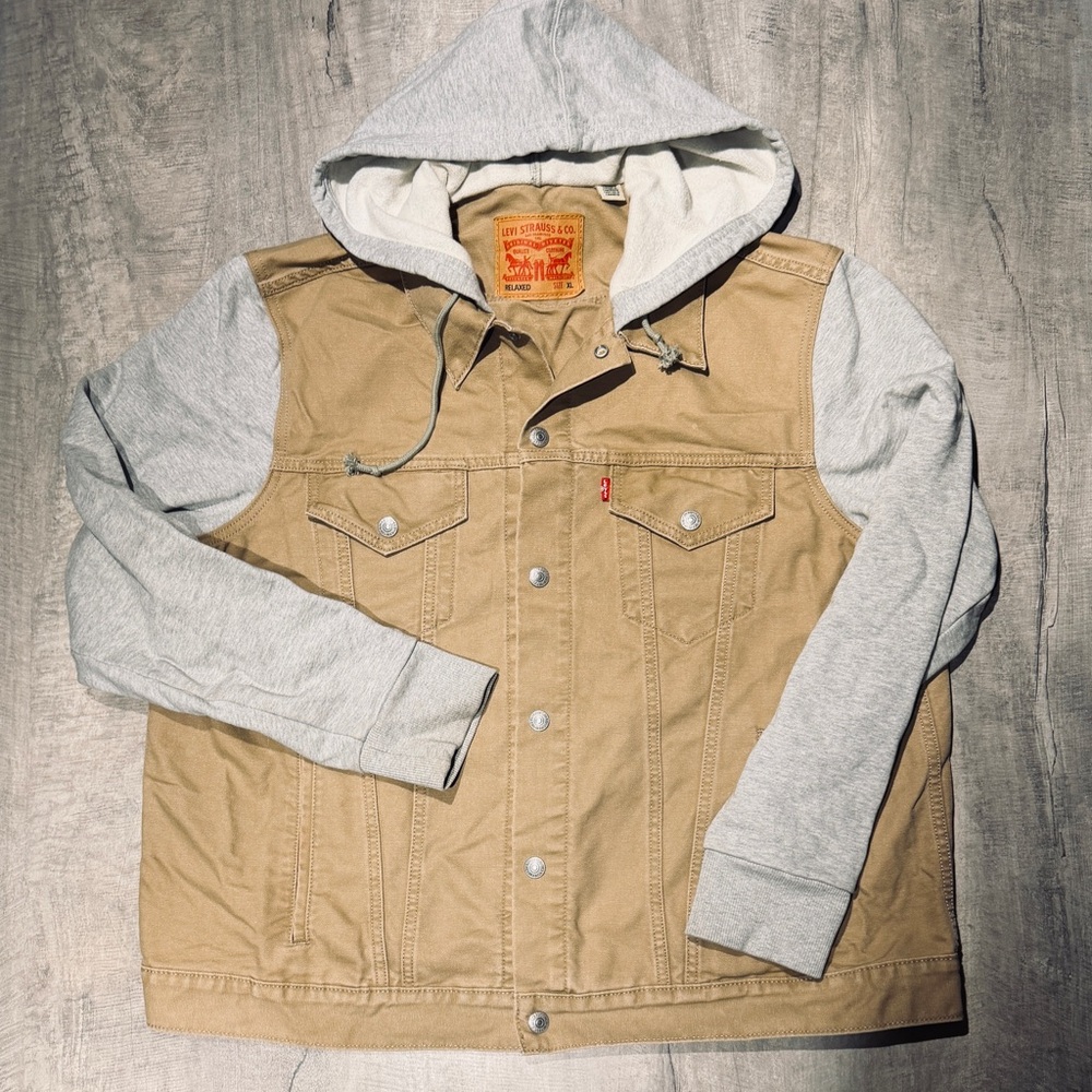 Levi's Tan Hybrid Trucker Jacket Canvas Tan with Light Gray Hood & Sleeves - XL